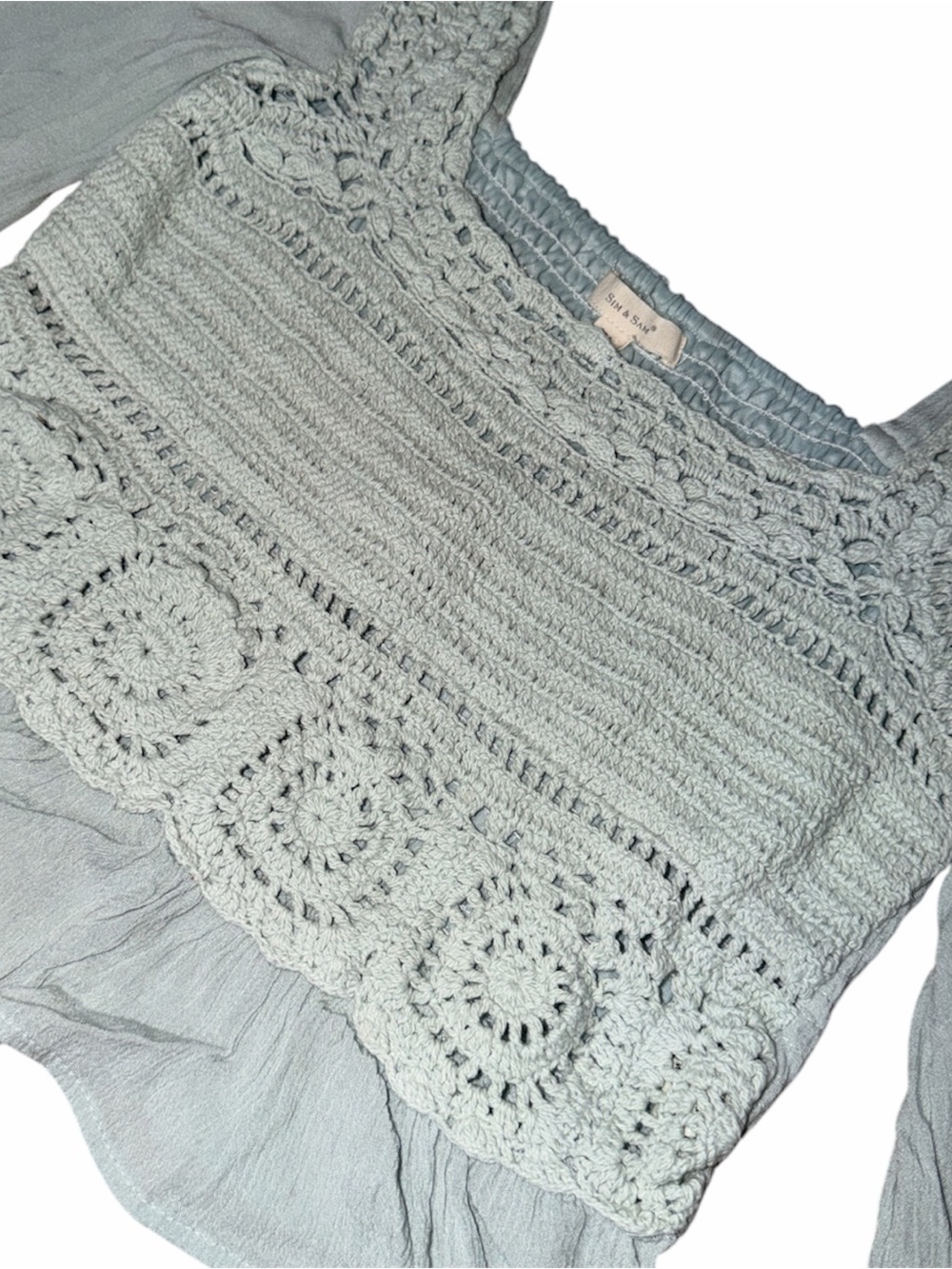 SIM & SAM Crochet Peasant Blouse in Light Blue Sage Color - Picture 4 of 8